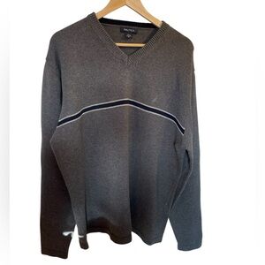 NAUTICA Men's Gray/Navy Nautical Stripe Cotton Pullover V-Neck Sweater - Size XL